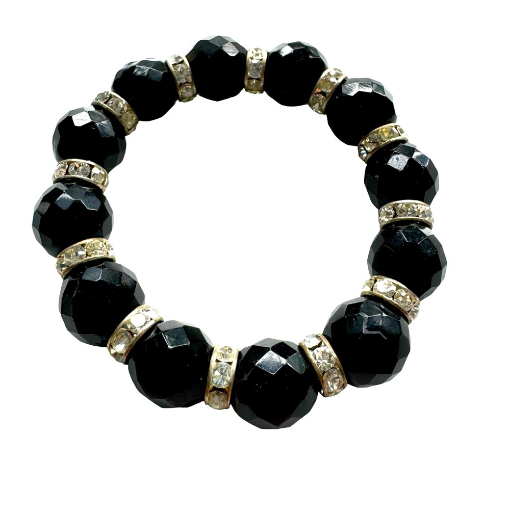 Black faceted stretch beaded bracelet with crystal spacers. New.